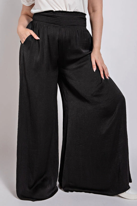 Washed Satin Wide Pants With Waist Smocked - AV Fashion’s