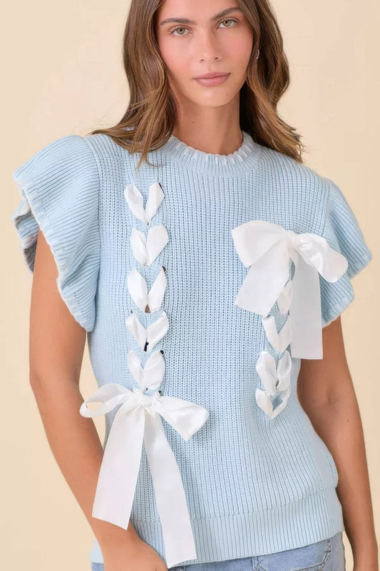 Weaved Ribbon Bow Detail Sweater Knit Top - AV Fashion’s