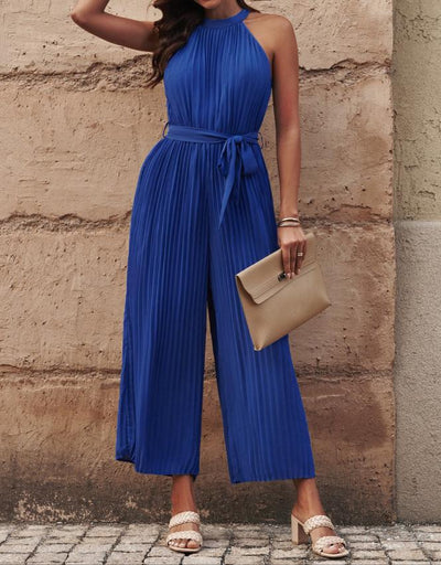 Accordion Pleated Belted Grecian Neck Sleeveless Jumpsuit