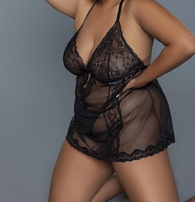 Babydoll Sheer Mesh And Lace throw it back set