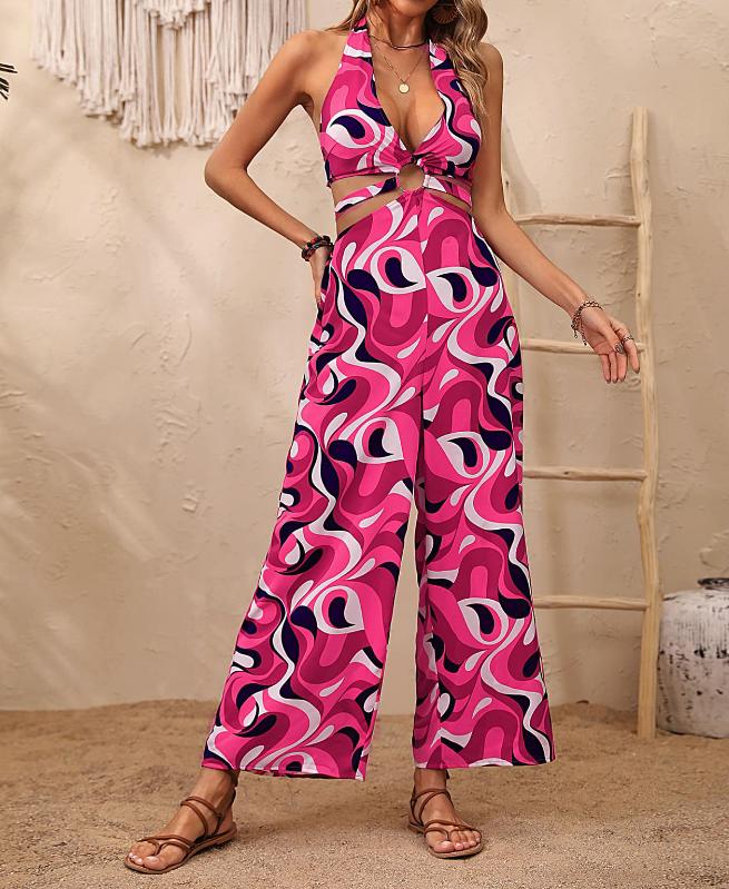Pink Panther Print Halter Neck Cutout Wide Leg Jumpsuit